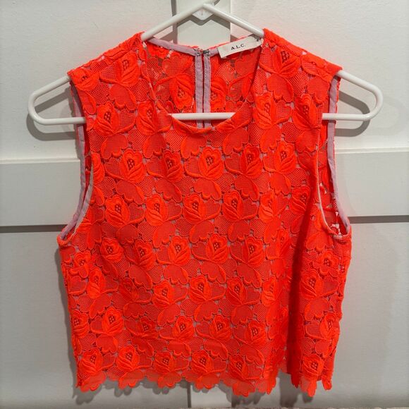 A.L.C Adriana Crop Top Floral Lace Scalloped Neon Orange - Picture 3 of 8